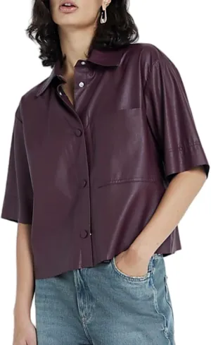 Faux Leather Shirt Women Loose Fit Short Sleeve PU Leather Button Down Crop Shirt with Pocket