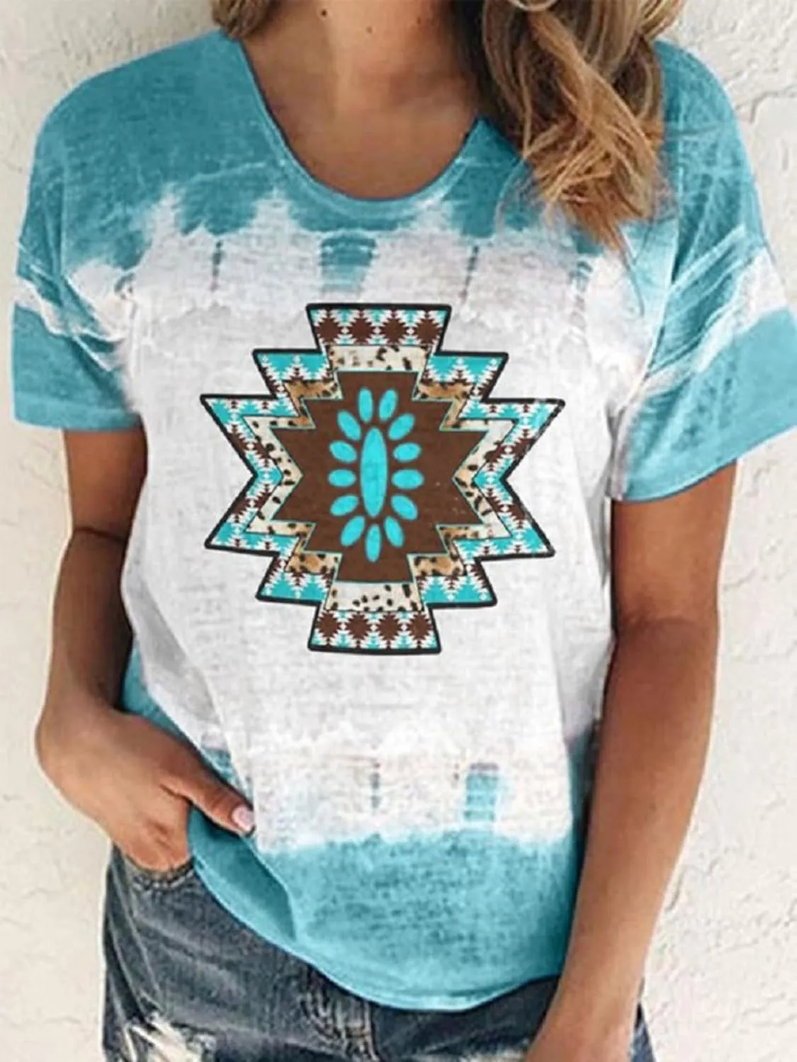 Female Aztec Shirt Retro Geometry Print Crew Casual Short Sleeve Western Style Loose T -Shirt Ladies