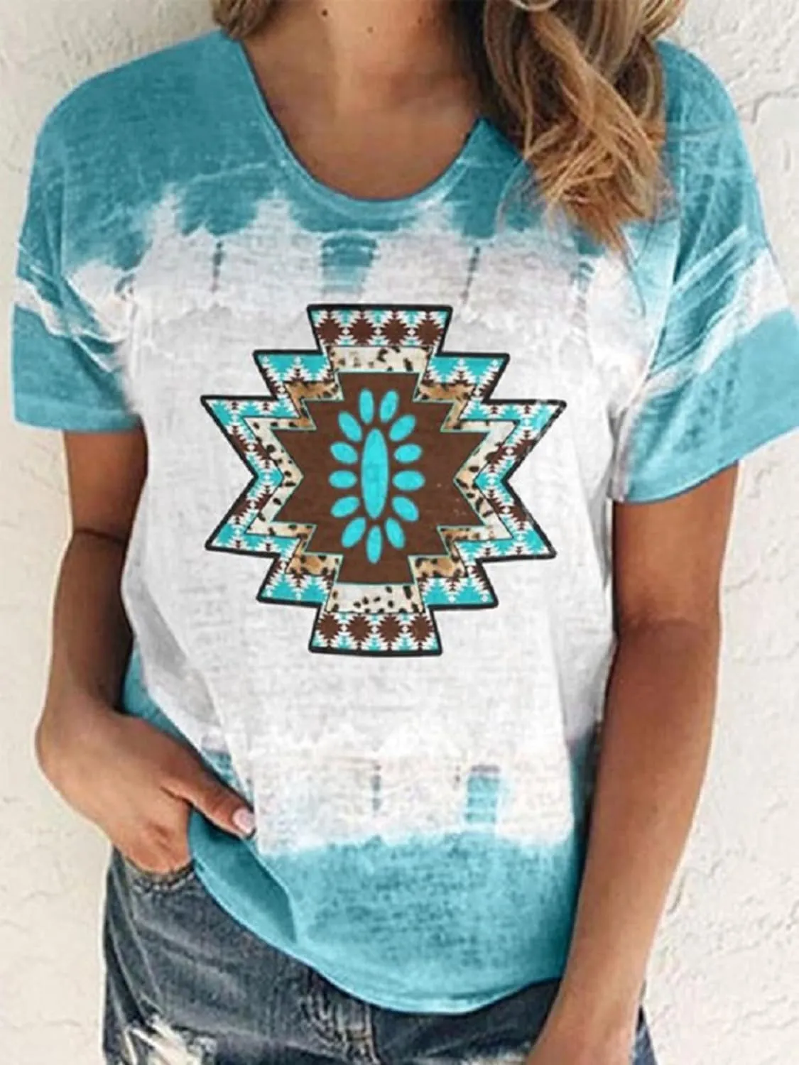 Female Aztec Shirt Retro Geometry Print Crew Casual Short Sleeve Western Style Loose T -Shirt Ladies