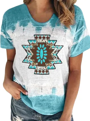 Female Aztec Shirt Retro Geometry Print Crew Casual Short Sleeve Western Style Loose T -Shirt Ladies