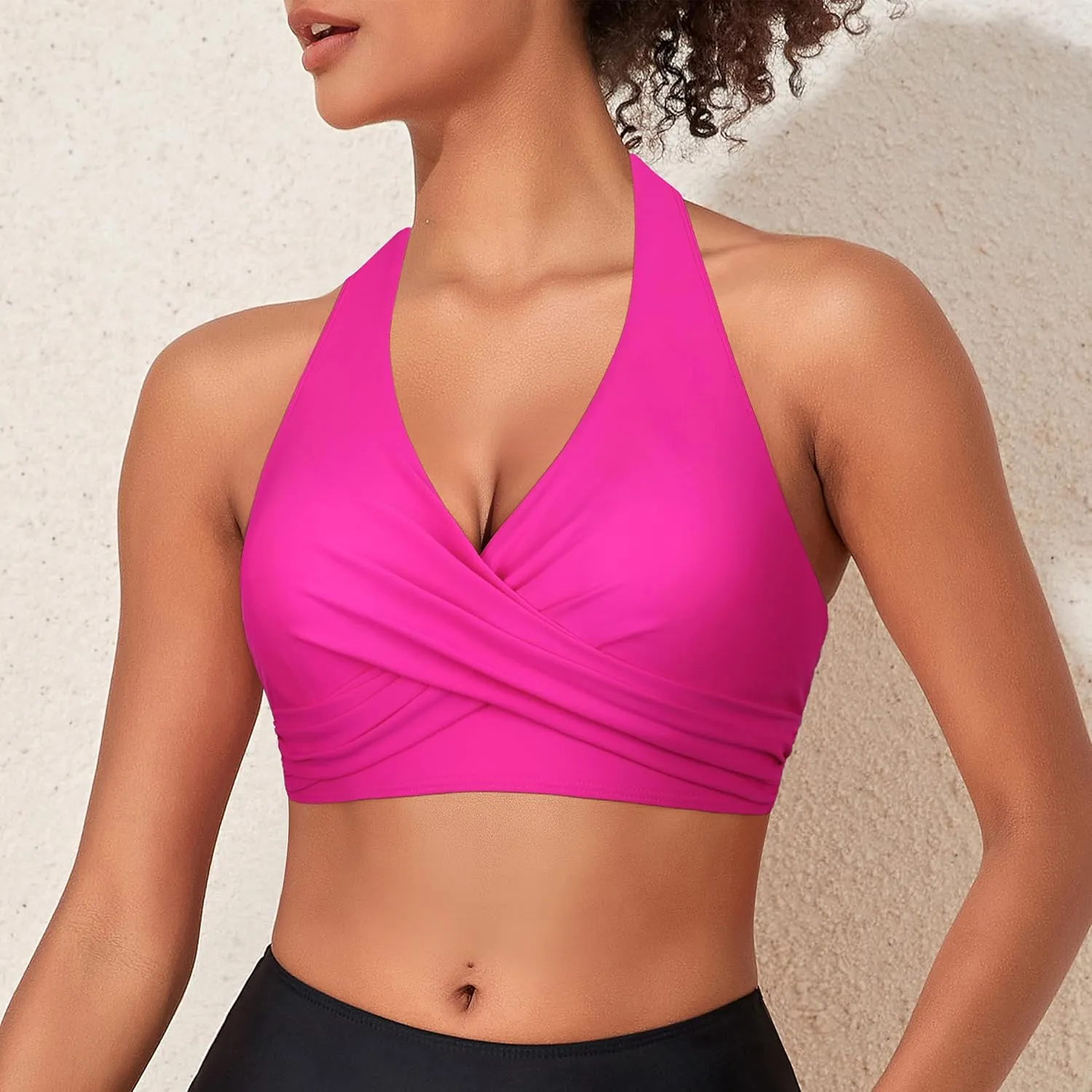 Firpearl Women's Underwire Bikini Tops V Neck Halter Swim Top Push Up Criss Cross Bathing Suit Top Only