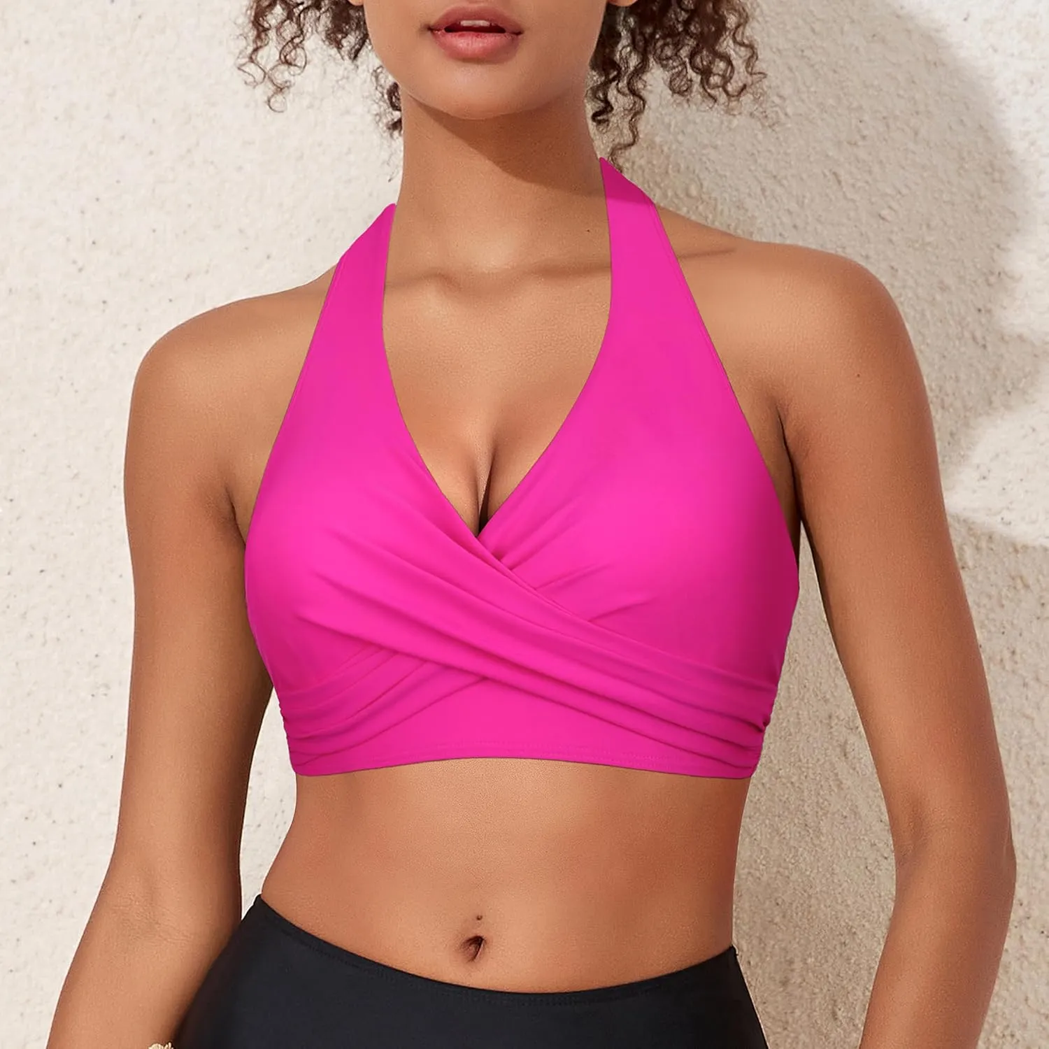 Firpearl Women's Underwire Bikini Tops V Neck Halter Swim Top Push Up Criss Cross Bathing Suit Top Only