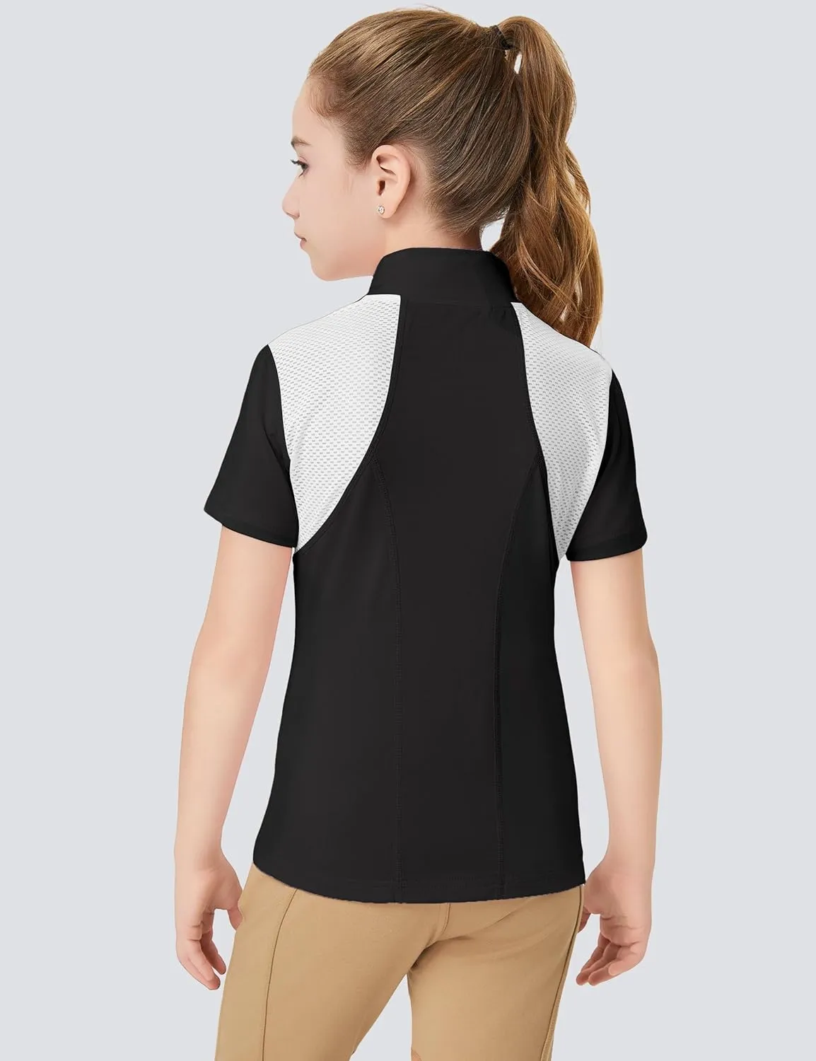 FitsT4 Sports Girls Short Sleeve Equestrian Shirt Quick Dry Horse Riding Shirts Half Zip Horseback Show Shirt