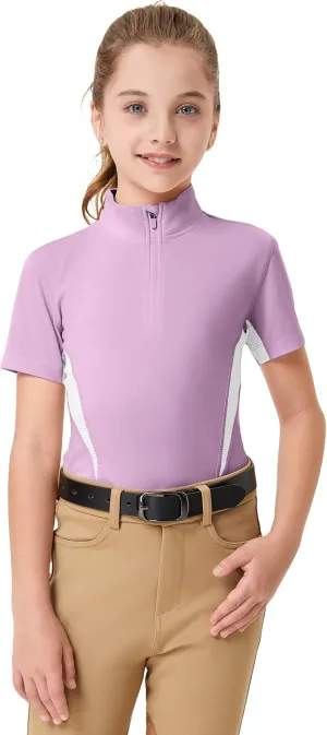 FitsT4 Sports Girls Short Sleeve Equestrian Shirt Quick Dry Horse Riding Shirts Half Zip Horseback Show Shirt