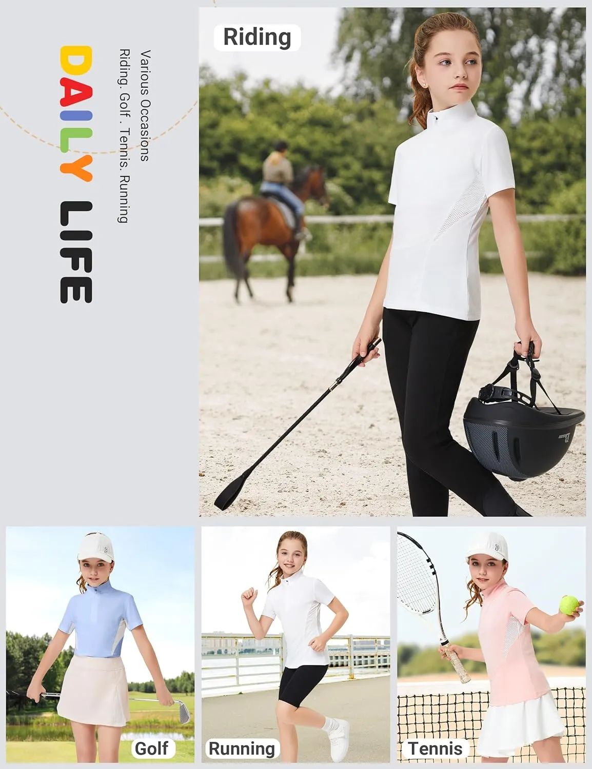 FitsT4 Sports Girls Short Sleeve Equestrian Shirt Quick Dry Horse Riding Shirts Half Zip Horseback Show Shirt
