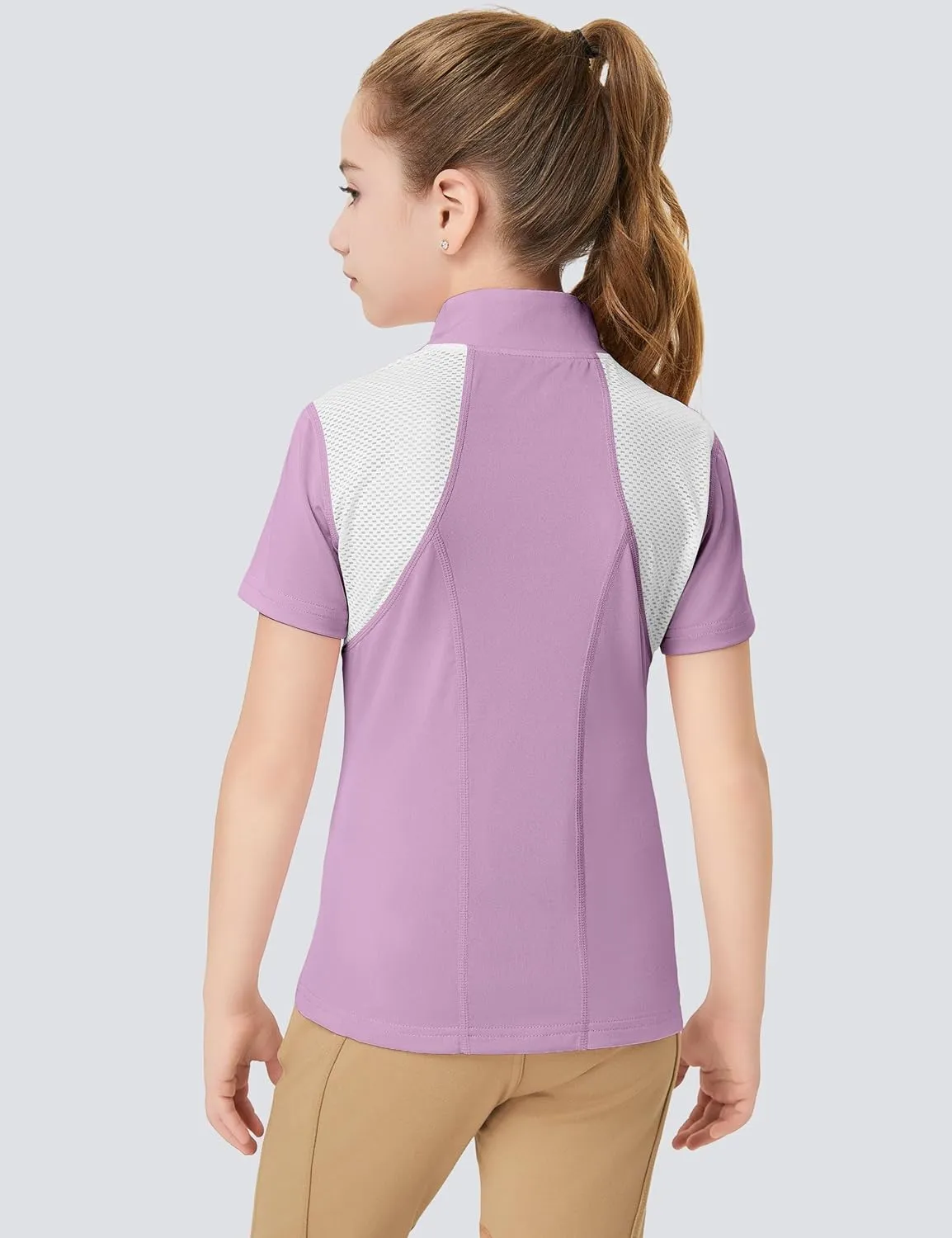 FitsT4 Sports Girls Short Sleeve Equestrian Shirt Quick Dry Horse Riding Shirts Half Zip Horseback Show Shirt