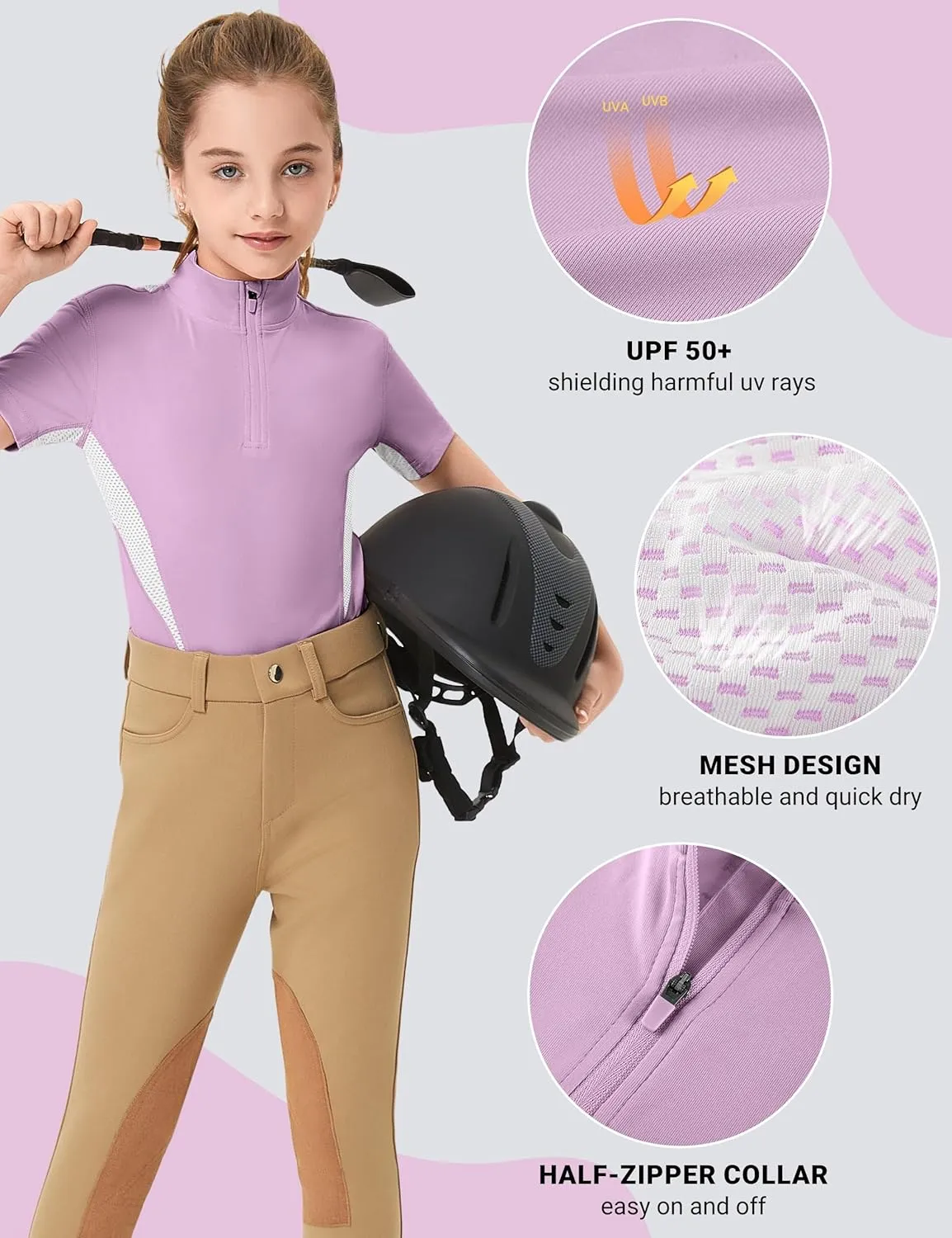 FitsT4 Sports Girls Short Sleeve Equestrian Shirt Quick Dry Horse Riding Shirts Half Zip Horseback Show Shirt