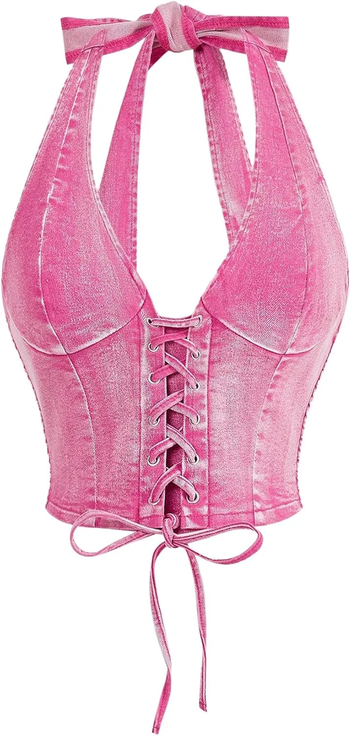 Floerns Women's Y2k Halter V Neck Backless Denim Top Shirred Lace Up Tie Back Crop Top