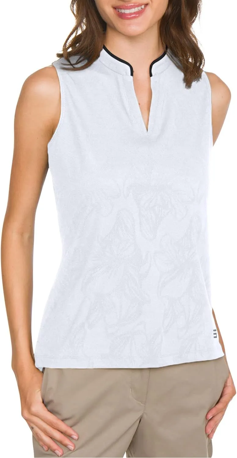Floral Golf Polo Shirt for Women - Sleeveless Collarless Design - Quick Dry Racerback Tank Top w/Stretch Fabric