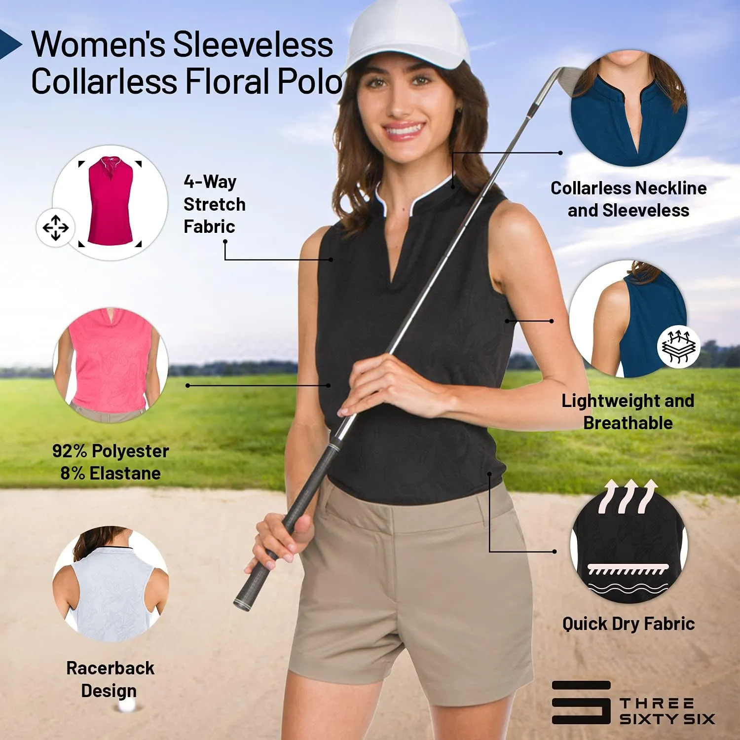Floral Golf Polo Shirt for Women - Sleeveless Collarless Design - Quick Dry Racerback Tank Top w/Stretch Fabric