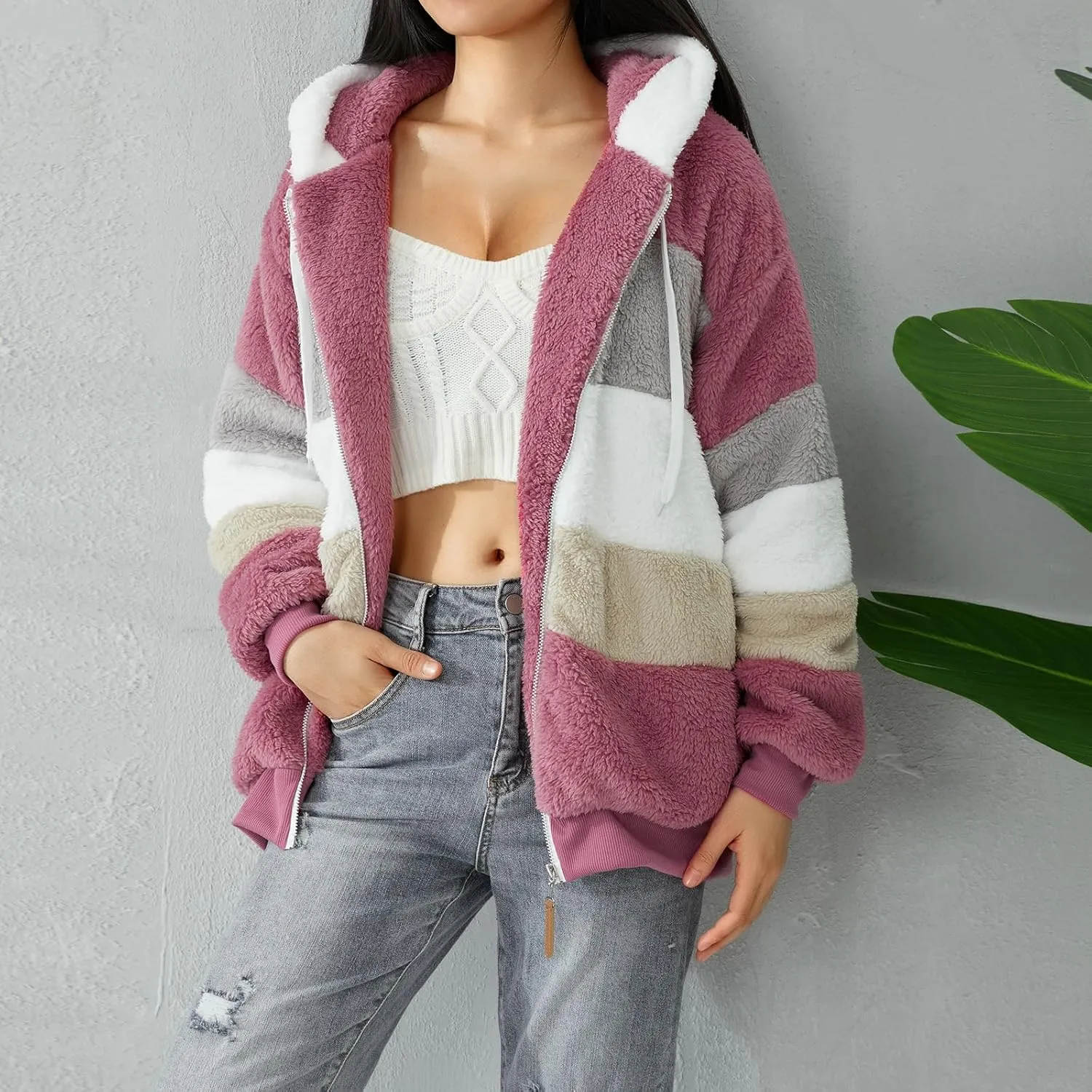 Giraropa Women Fleece Jackets Zip Hoodies Sherpa Teddy Coat Winter Warm Oversized Sweatshirt Contrast Fluffy Jumper Outwear