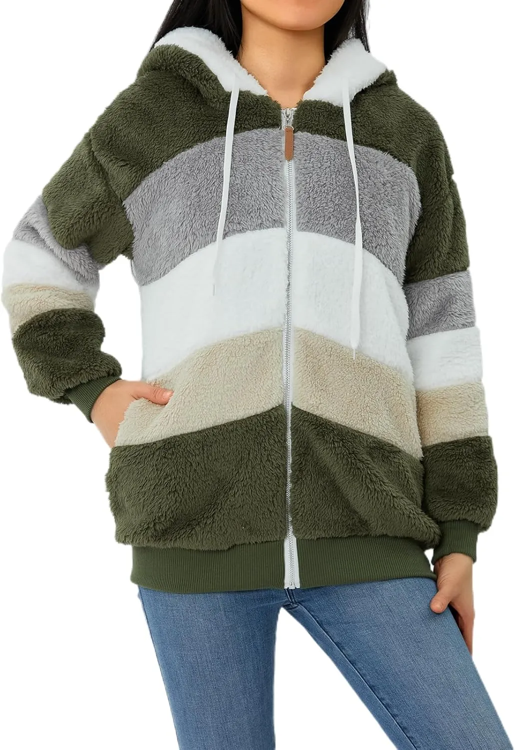 Giraropa Women Fleece Jackets Zip Hoodies Sherpa Teddy Coat Winter Warm Oversized Sweatshirt Contrast Fluffy Jumper Outwear