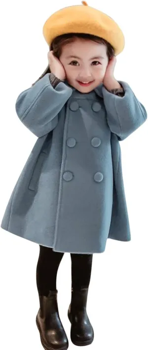 Girls Dress Coat Kids Winter Warm Jacket Long Sleeve Button Trench Coat Pocket Long Peacoat Outerwear 1~7 Years