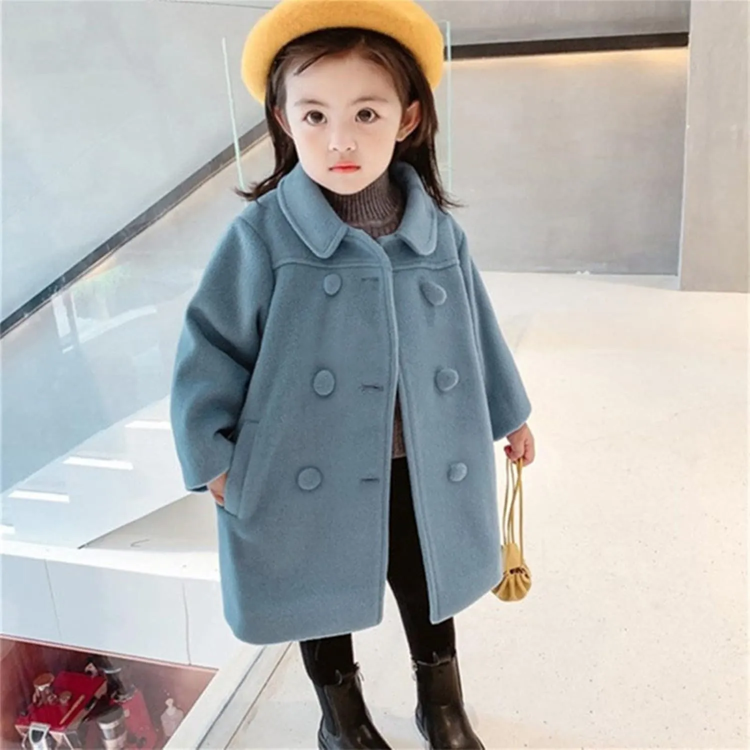 Girls Dress Coat Kids Winter Warm Jacket Long Sleeve Button Trench Coat Pocket Long Peacoat Outerwear 1~7 Years