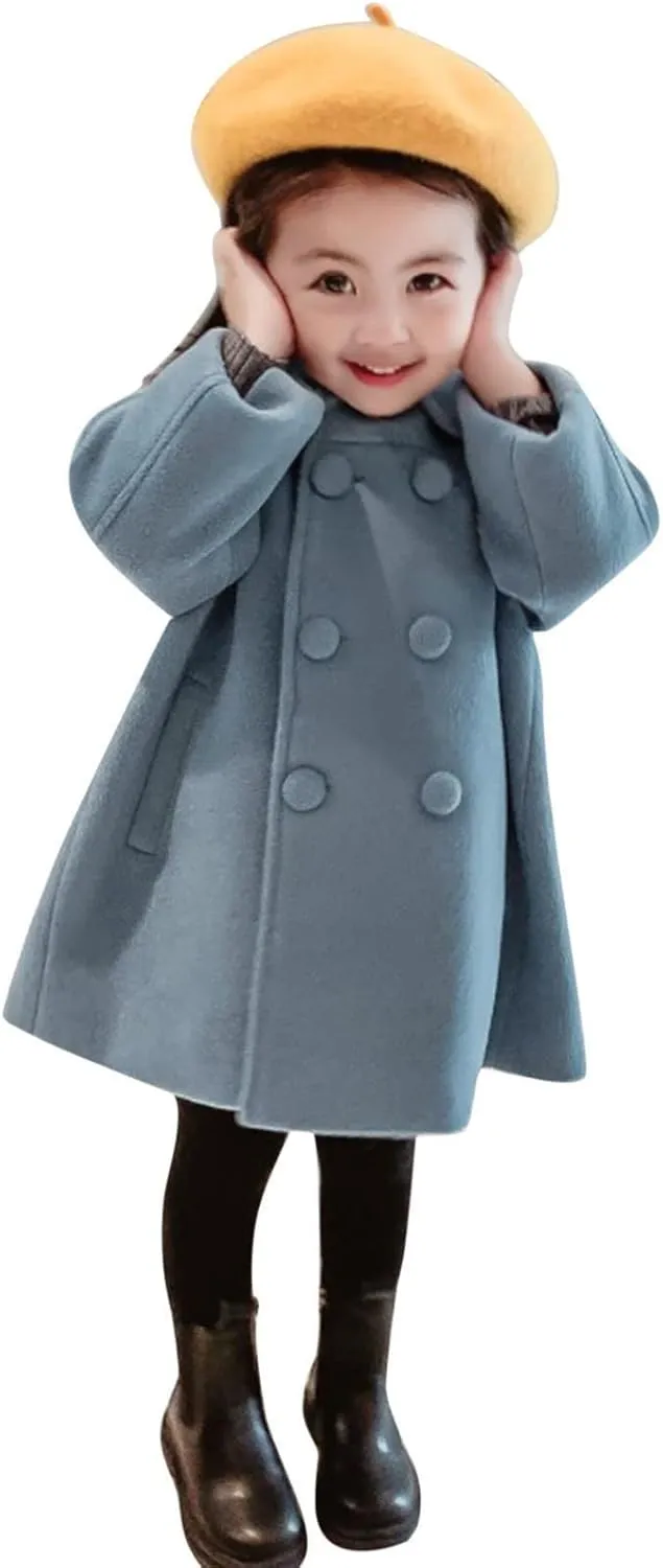 Girls Dress Coat Kids Winter Warm Jacket Long Sleeve Button Trench Coat Pocket Long Peacoat Outerwear 1~7 Years