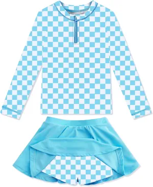 Girls Rash Guard Set Two Pieces Printed Zipper Swimsuit Skirt with Shorts 3-12T