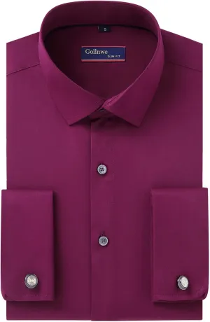 Gollnwe Men's Dress Shirt French Cuff Shirt for Men Slim Fit Stretch Spread Collar with Metal Cufflink