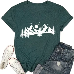Happy Camp T-Shirt Women Hiking Mountain Adventure Novelty Workout Funny Saying Cute Graphic Athletic Shirt