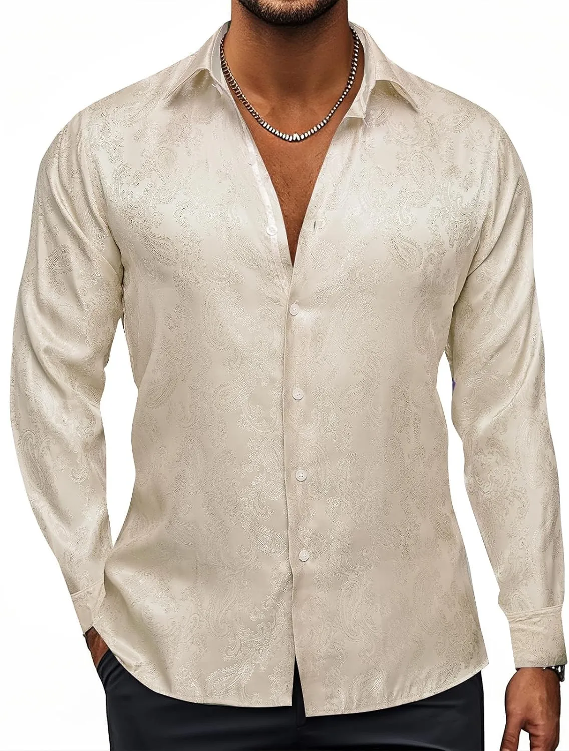 Hi-Tie Mens Dress Shirts Wrinkle Free Inner Contrast Jacquard Long Sleeve Casual Button Down Shirt Business Party Wedding