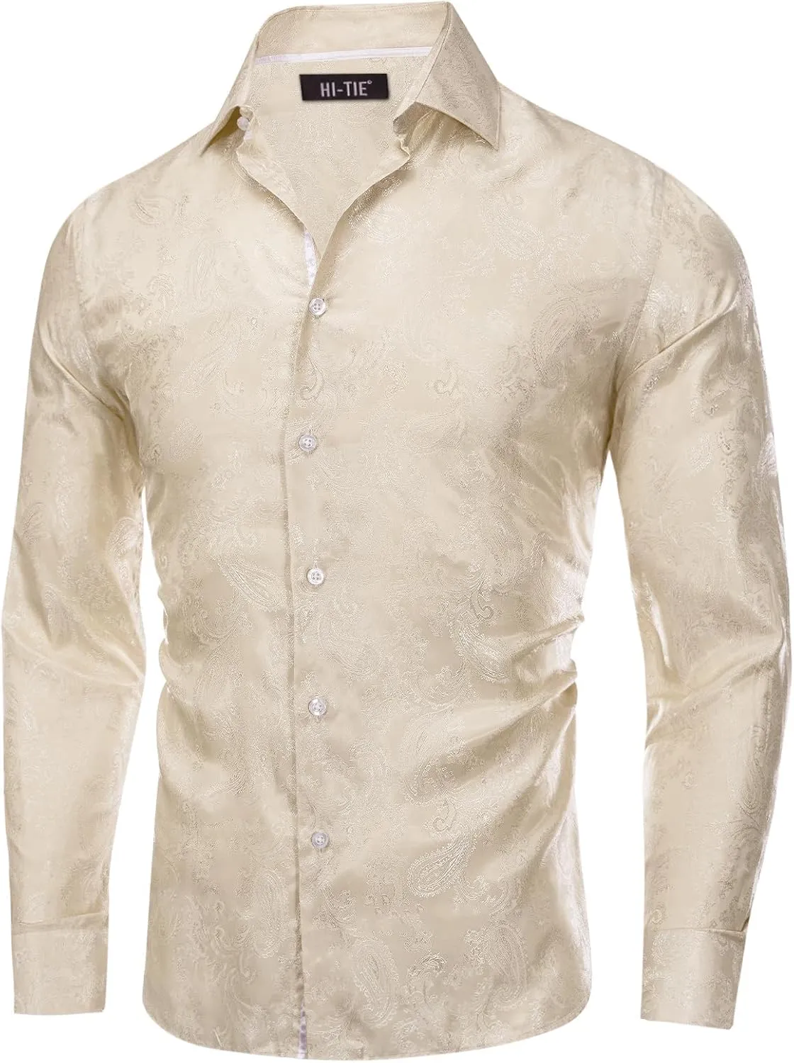 Hi-Tie Mens Dress Shirts Wrinkle Free Inner Contrast Jacquard Long Sleeve Casual Button Down Shirt Business Party Wedding