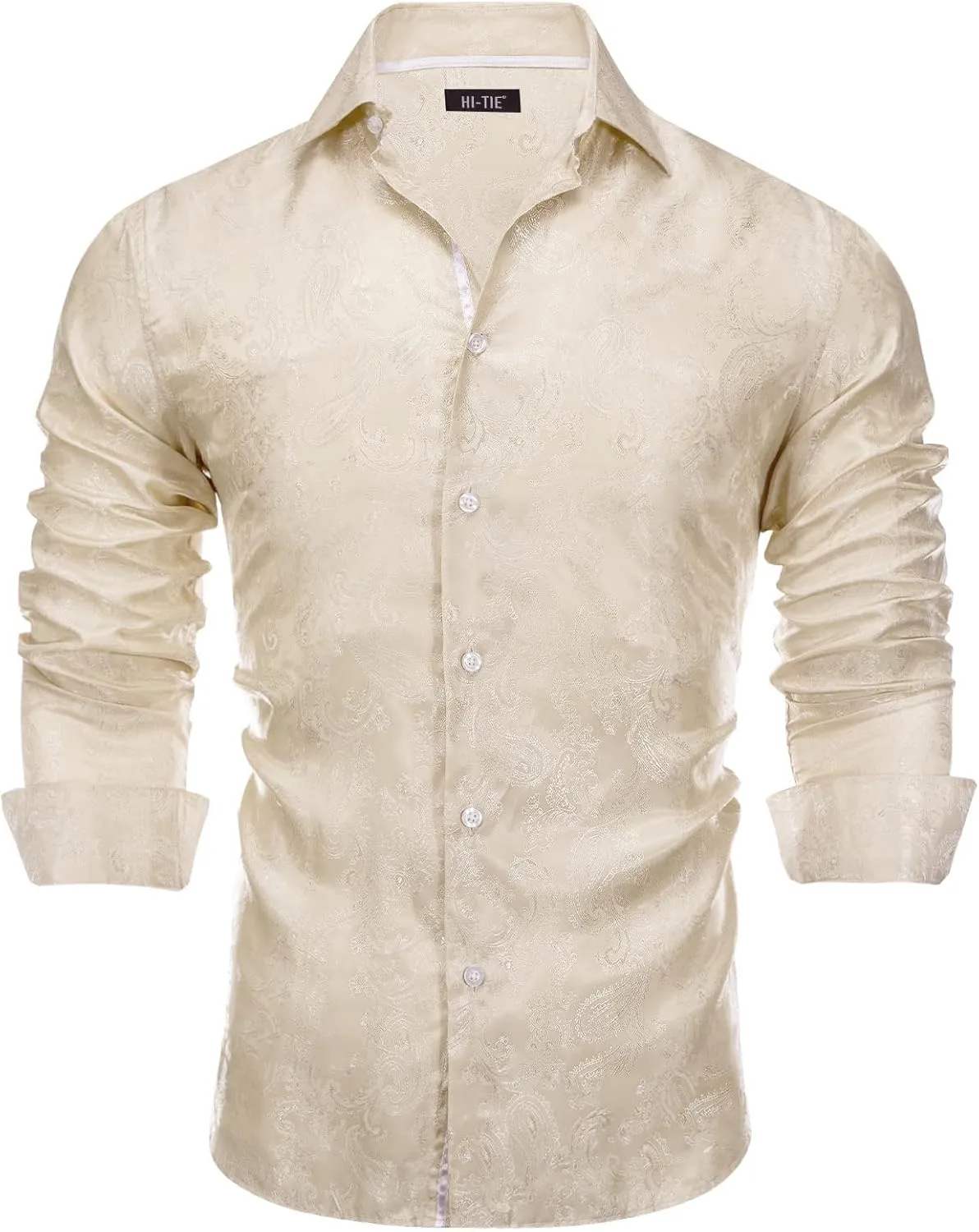 Hi-Tie Mens Dress Shirts Wrinkle Free Inner Contrast Jacquard Long Sleeve Casual Button Down Shirt Business Party Wedding