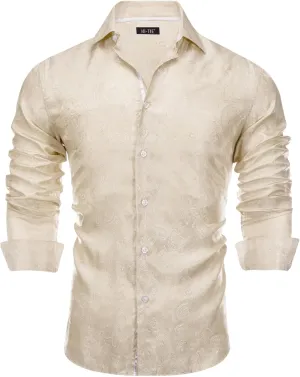 Hi-Tie Mens Dress Shirts Wrinkle Free Inner Contrast Jacquard Long Sleeve Casual Button Down Shirt Business Party Wedding