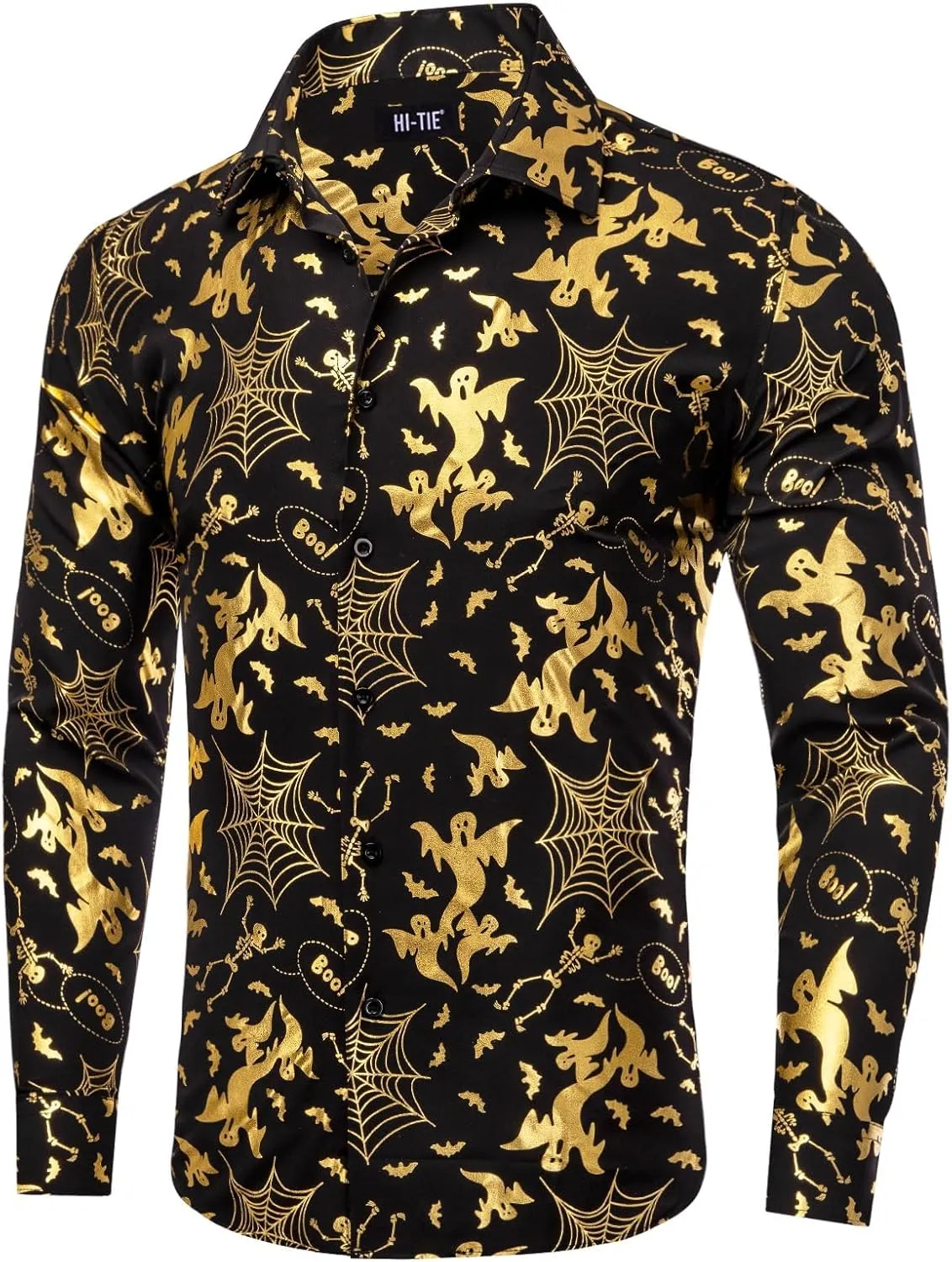 Hi-Tie Mens Hipstar Gold Paisely Floral 3D Printed Dress Shirts Shiny Long Sleeve Button Down Party Disco Performing