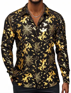 Hi-Tie Mens Hipstar Gold Paisely Floral 3D Printed Dress Shirts Shiny Long Sleeve Button Down Party Disco Performing