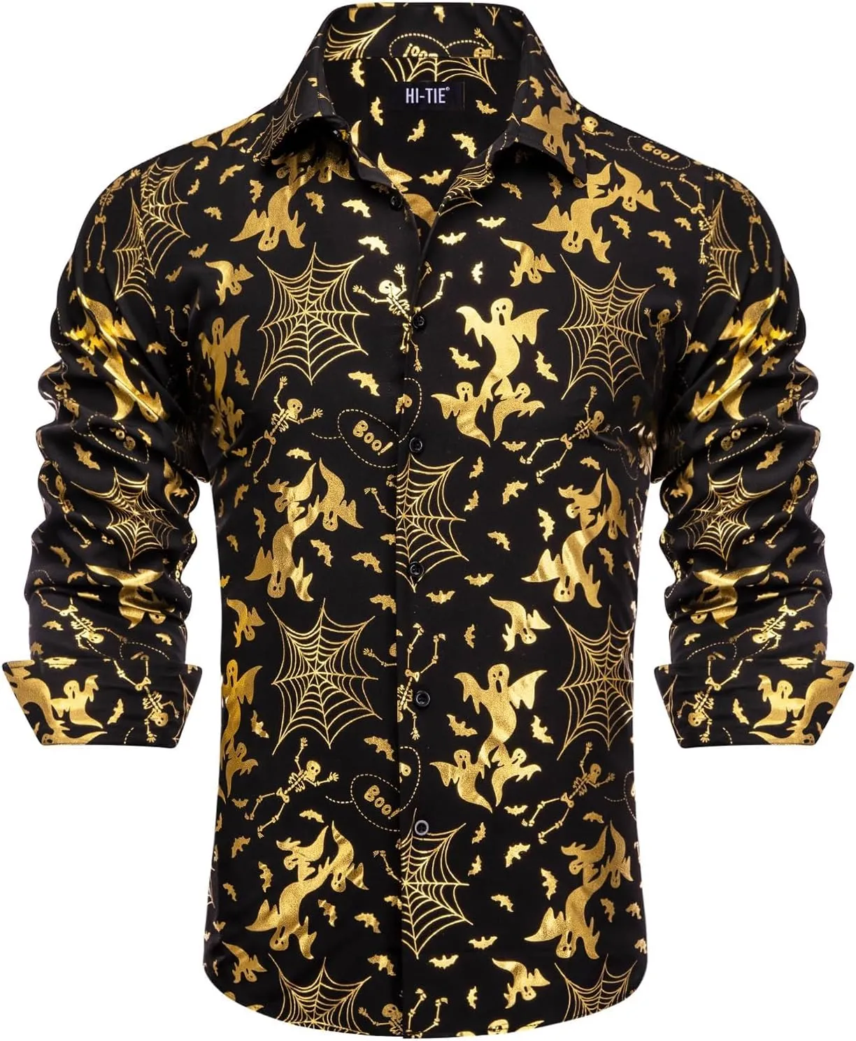 Hi-Tie Mens Hipstar Gold Paisely Floral 3D Printed Dress Shirts Shiny Long Sleeve Button Down Party Disco Performing