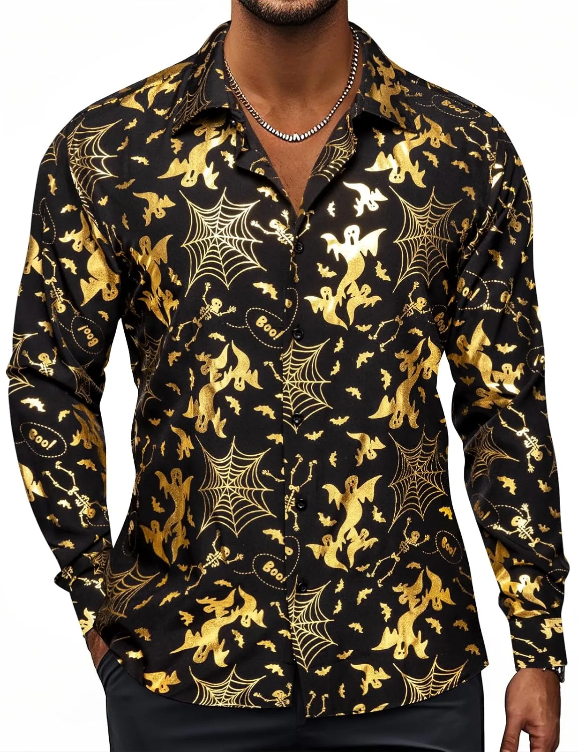 Hi-Tie Mens Hipstar Gold Paisely Floral 3D Printed Dress Shirts Shiny Long Sleeve Button Down Party Disco Performing