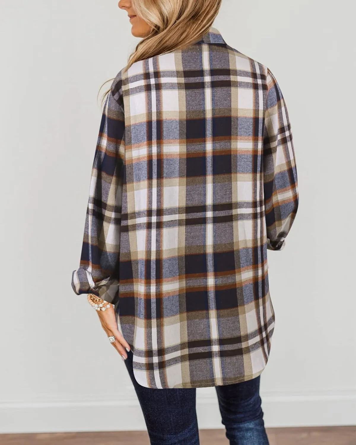 Hibluco Women's Fall Plaid Flannel Shacket Jacket Long Sleeve Button Down Shirt