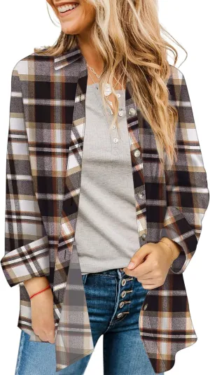 Hibluco Women's Fall Plaid Flannel Shacket Jacket Long Sleeve Button Down Shirt