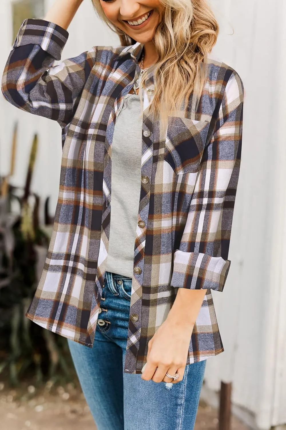 Hibluco Women's Fall Plaid Flannel Shacket Jacket Long Sleeve Button Down Shirt