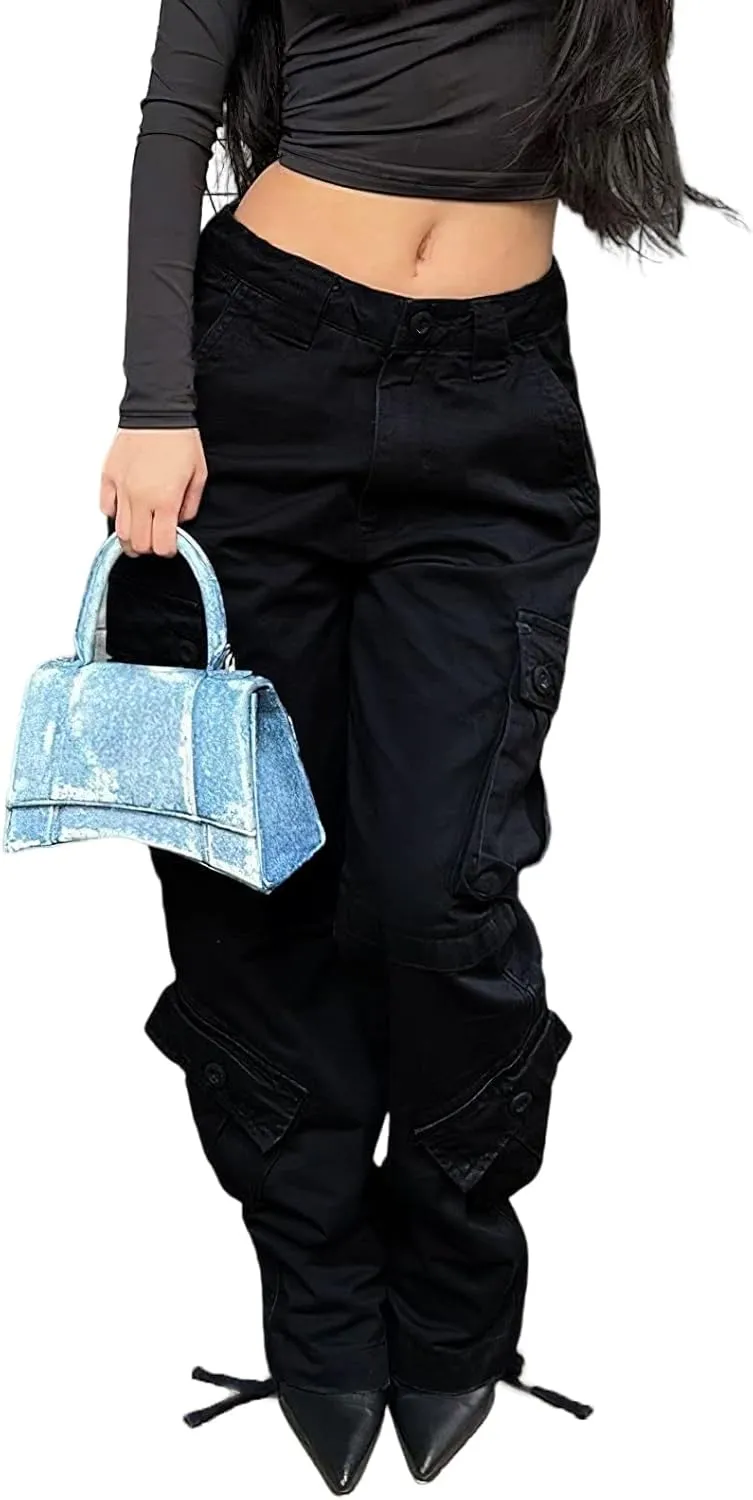 High Waisted Cargo Jeans for Women Straight Wide Leg Y2k Streetwear Cargo Pants Baggy Boyfriend Denim Pants with Pockets