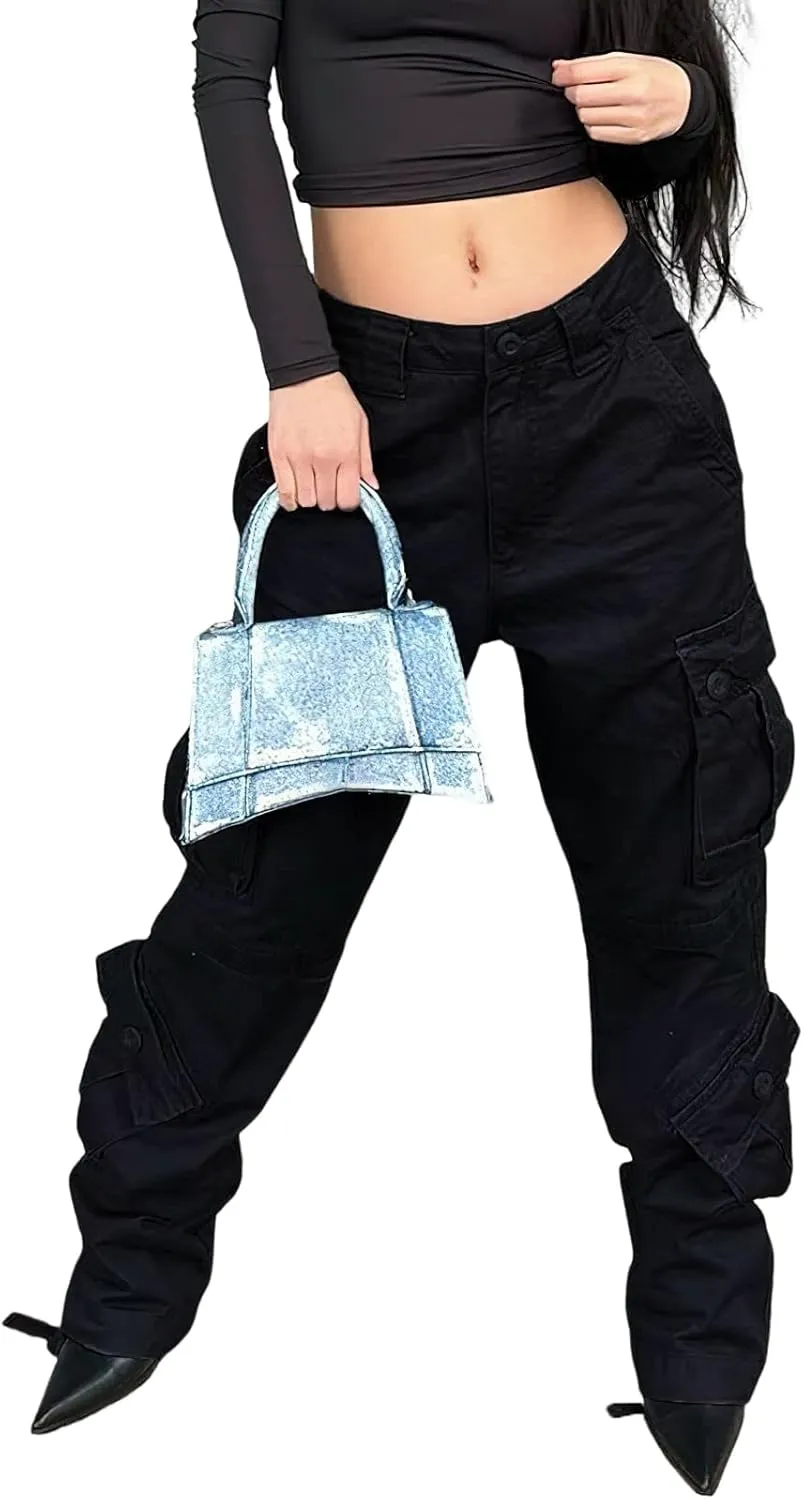 High Waisted Cargo Jeans for Women Straight Wide Leg Y2k Streetwear Cargo Pants Baggy Boyfriend Denim Pants with Pockets