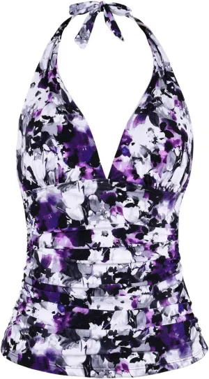 Hilor Women's Tummy Control Tankini Top Swimsuit Plunging V Neck Top Swimwear Halter Bathing Suits Swim Tops