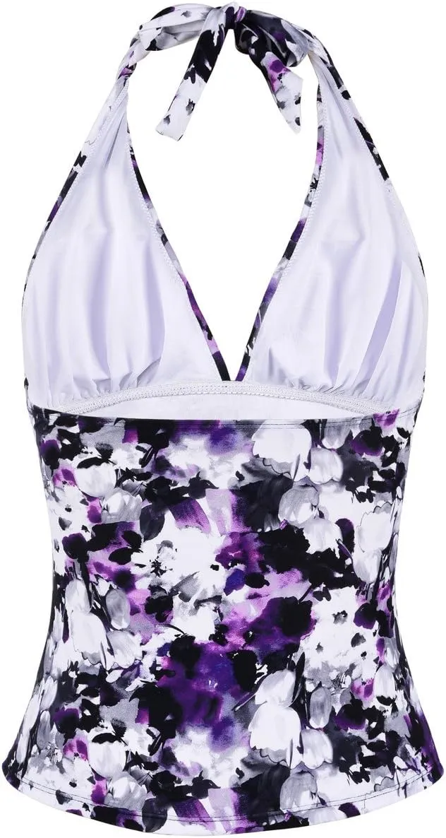 Hilor Women's Tummy Control Tankini Top Swimsuit Plunging V Neck Top Swimwear Halter Bathing Suits Swim Tops