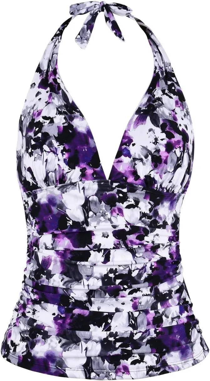 Hilor Women's Tummy Control Tankini Top Swimsuit Plunging V Neck Top Swimwear Halter Bathing Suits Swim Tops