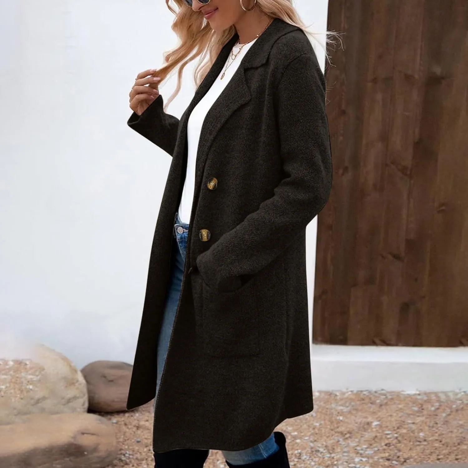 hlysgo Women's Double Breasted Lightweight Pea Coat Long Sleeve Casual Notch Lapel Trench Coat Jacket with Pocket