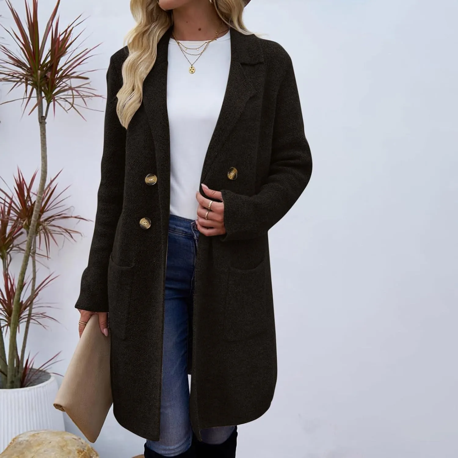 hlysgo Women's Double Breasted Lightweight Pea Coat Long Sleeve Casual Notch Lapel Trench Coat Jacket with Pocket