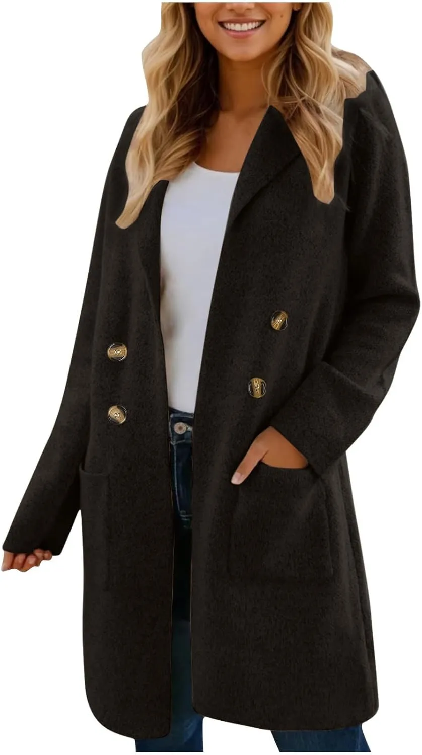 hlysgo Women's Double Breasted Lightweight Pea Coat Long Sleeve Casual Notch Lapel Trench Coat Jacket with Pocket