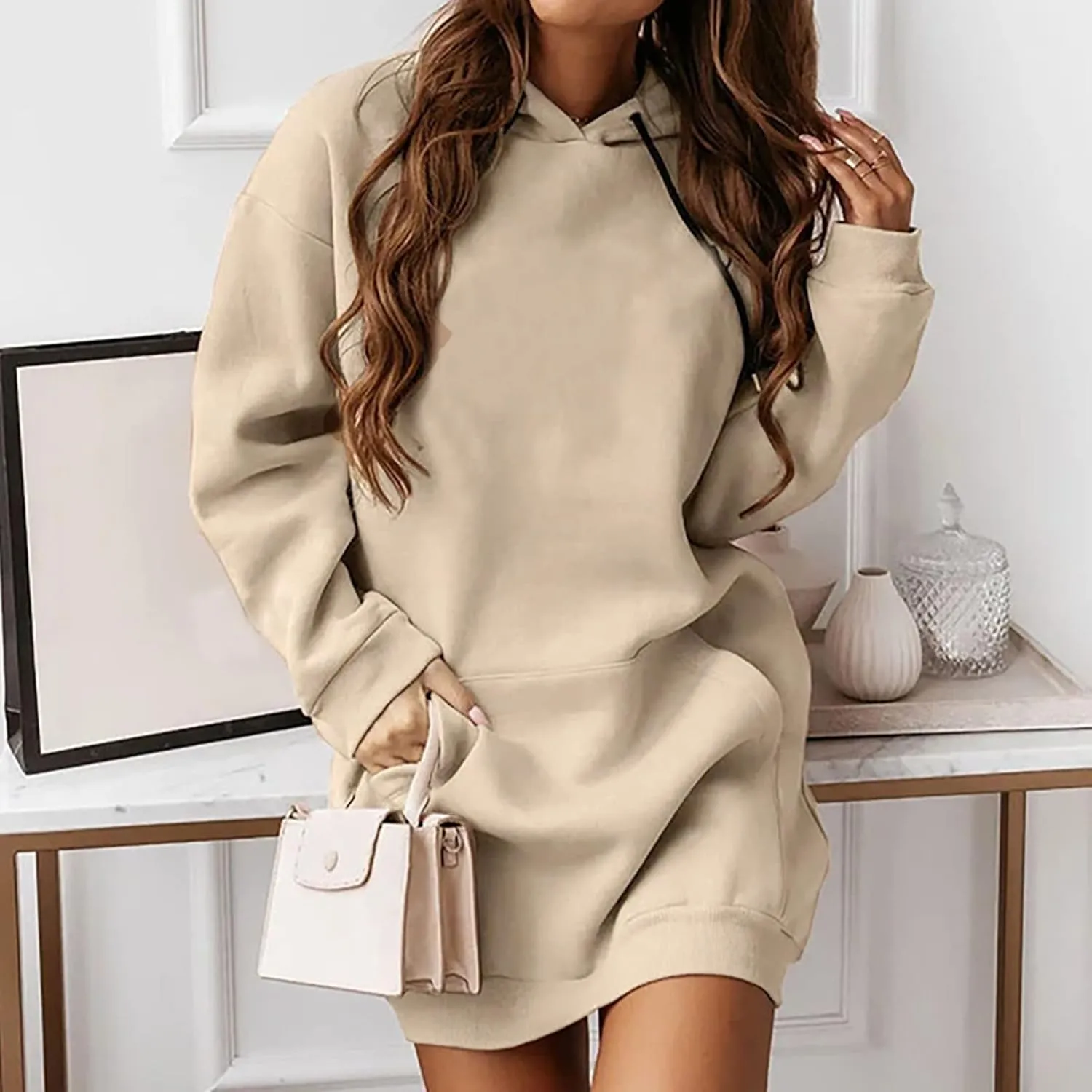 Hooded Sweatshirt Dress for Women Long Sleeve Casual Mini Dress with Pocket Oversized Solid Color Pullover Dresses