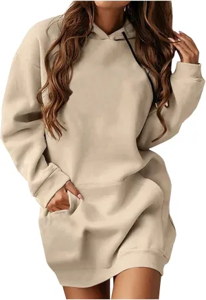 Hooded Sweatshirt Dress for Women Long Sleeve Casual Mini Dress with Pocket Oversized Solid Color Pullover Dresses