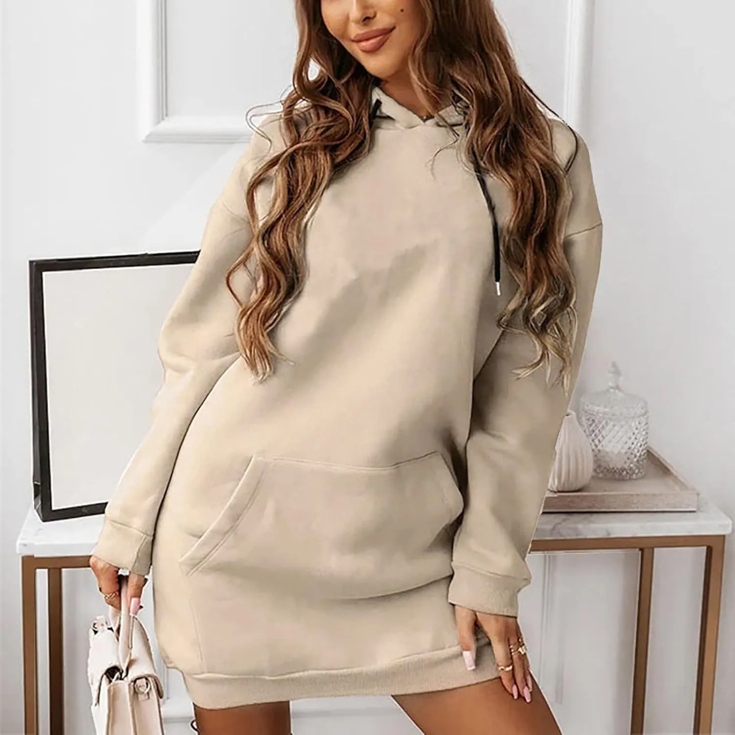 Hooded Sweatshirt Dress for Women Long Sleeve Casual Mini Dress with Pocket Oversized Solid Color Pullover Dresses