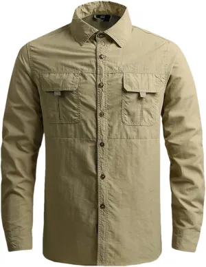Hot Tactical Hiking Shirts Men Long Sleeve Cargo Work Shirt Summer Outdoor Quick-Dry Military Camping Hunting Fishing Work Shirt Long-Khaki Asian-XXXL
