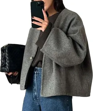 HOTIAN Women Plus Size Cropped Wool Blend Coats Long Sleeve Coat Jacket Peacoat Fall Winter Outwear Overcoat
