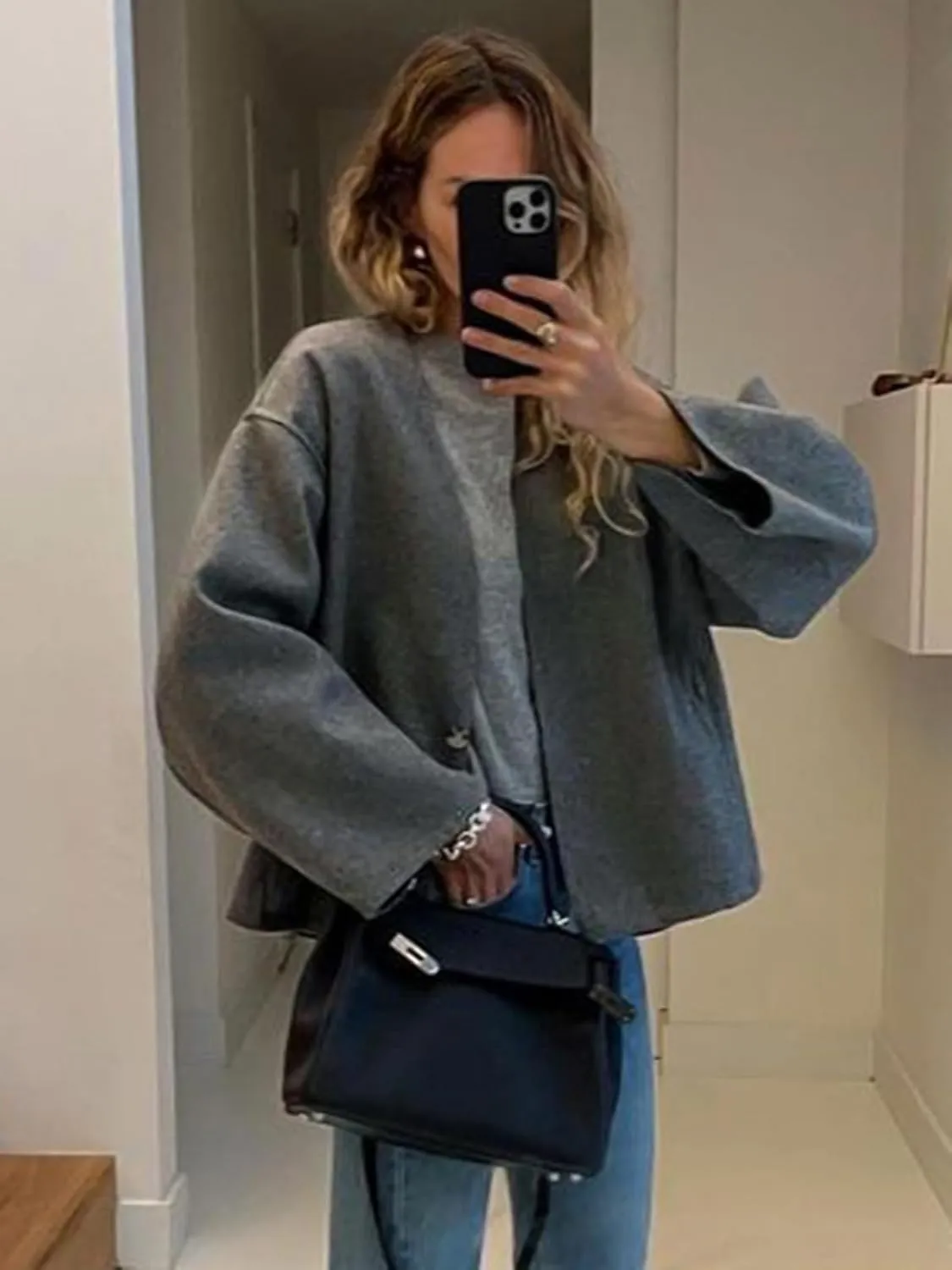HOTIAN Women Plus Size Cropped Wool Blend Coats Long Sleeve Coat Jacket Peacoat Fall Winter Outwear Overcoat