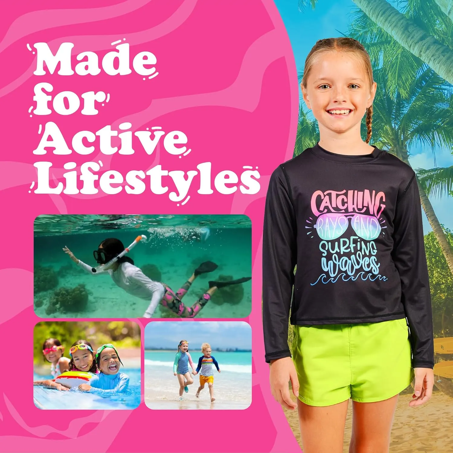 INGEAR Girls Long Sleeve Rash Guard Swim Shirt Outdoor Sports Shirt Lightweight Athletic Tee Protective Quick Dry