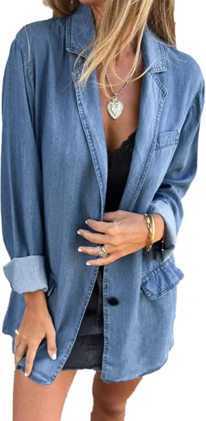 Jean Jacket for Women Lightweight Loose Fit Denim Blazer Shirt Jackets Summer Oversized Work Button Jacket