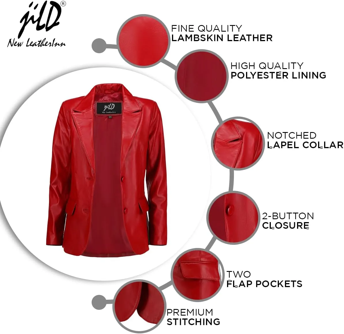 Jild Classic 2-Button Lambskin Leather Blazer Women - Casual Coat Long Sleeves Suit Style Leather Jacket Women